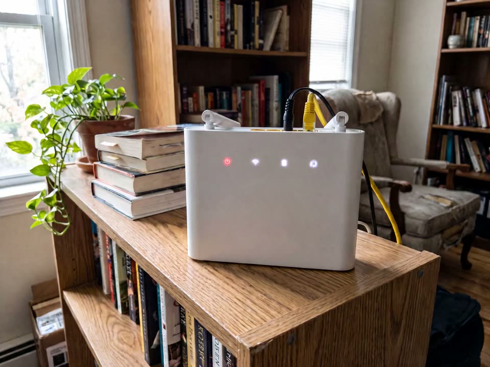 A home Wi-Fi router on a bookshelf with one red light, seen through the customer's phone camera