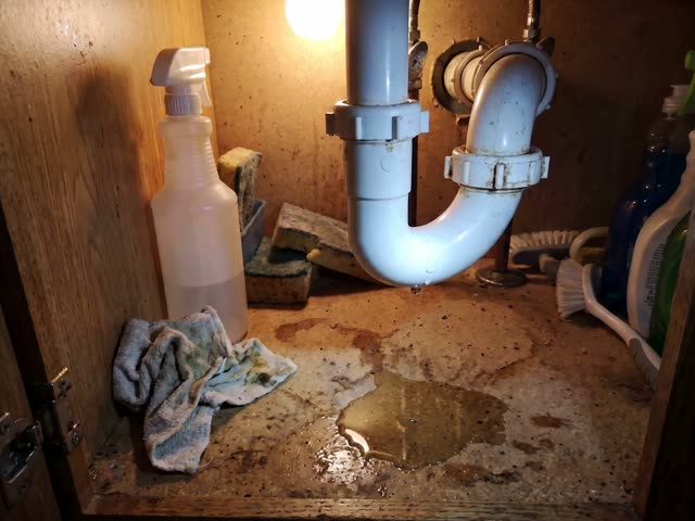 A dripping drain pipe under a kitchen sink